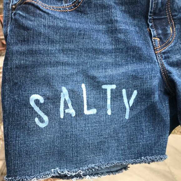 Upcycled Old Navy Cutoff Jean Shorts, Patchwork Painted Ocean, Size 8 Junior - Picture 8 of 10